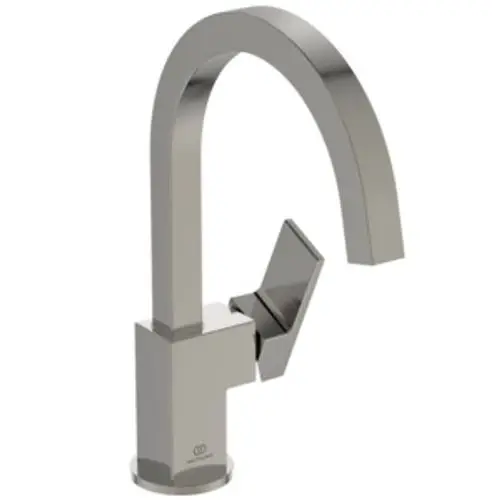 Ein moderner Waschtischarmatur von Ideal Standard mit hohem, geschwungenem Auslauf und seitlichem Bedienhebel. Oberfläche in metallischem Silber.